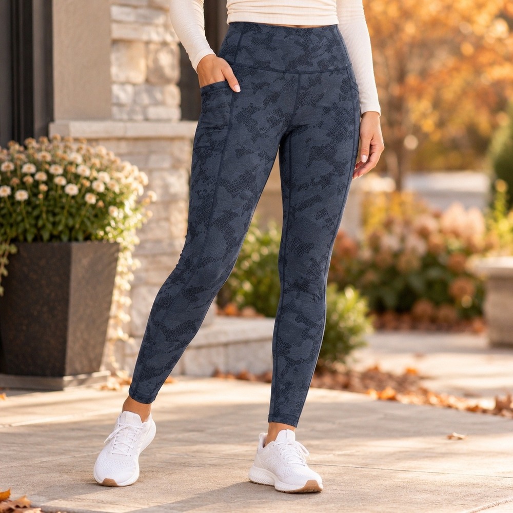 Women's L Dark Blue Tonal Camo Leggings Pockets Athleisure Workout Running Yoga